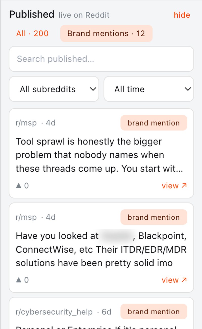 Published comments where the brand is mentioned, each with subreddit, age and a live Reddit link