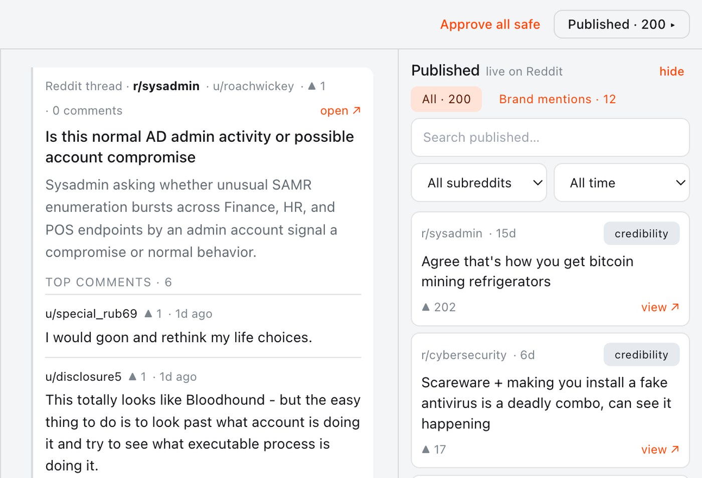 Approvals view with the Reddit thread and published credibility comments ranked by upvotes